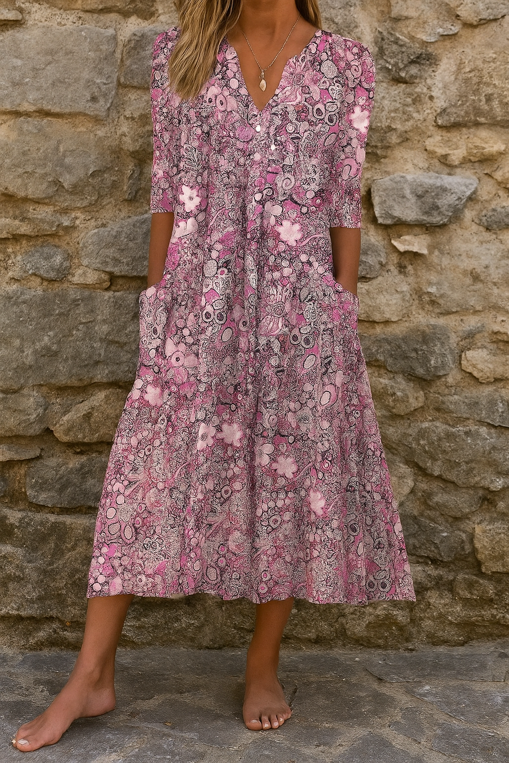 Vestido midi estampado rosa, manga tres cuartos y escote en V