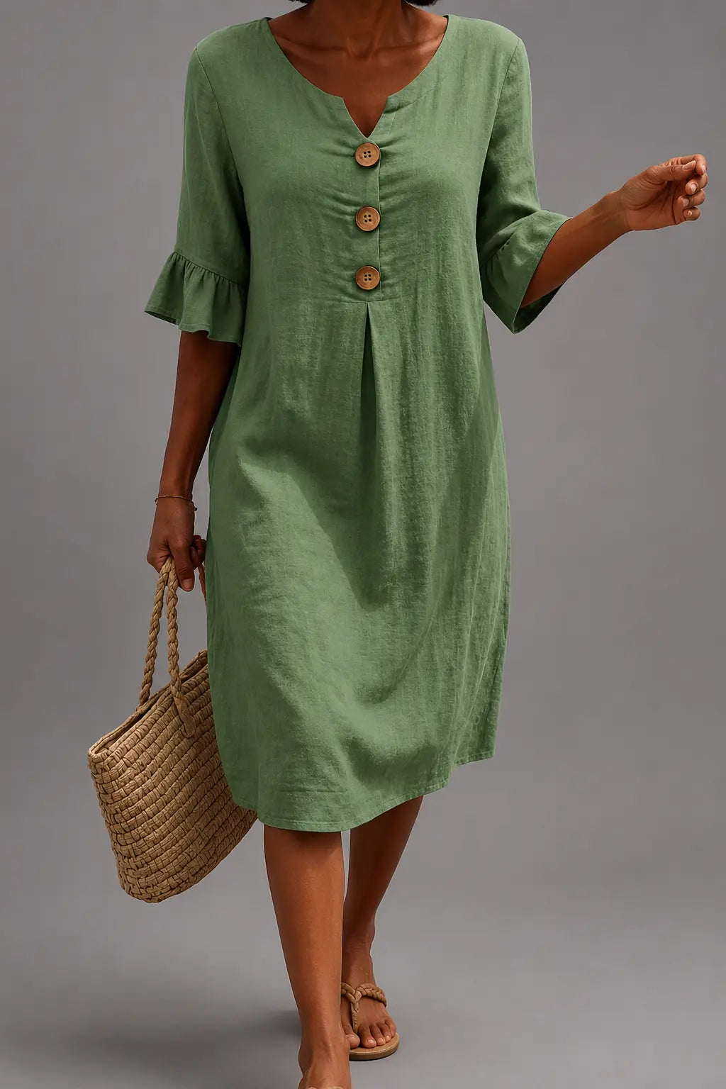 Vestido informal verde de mujer, cuello pico y botones al frente, manga farol