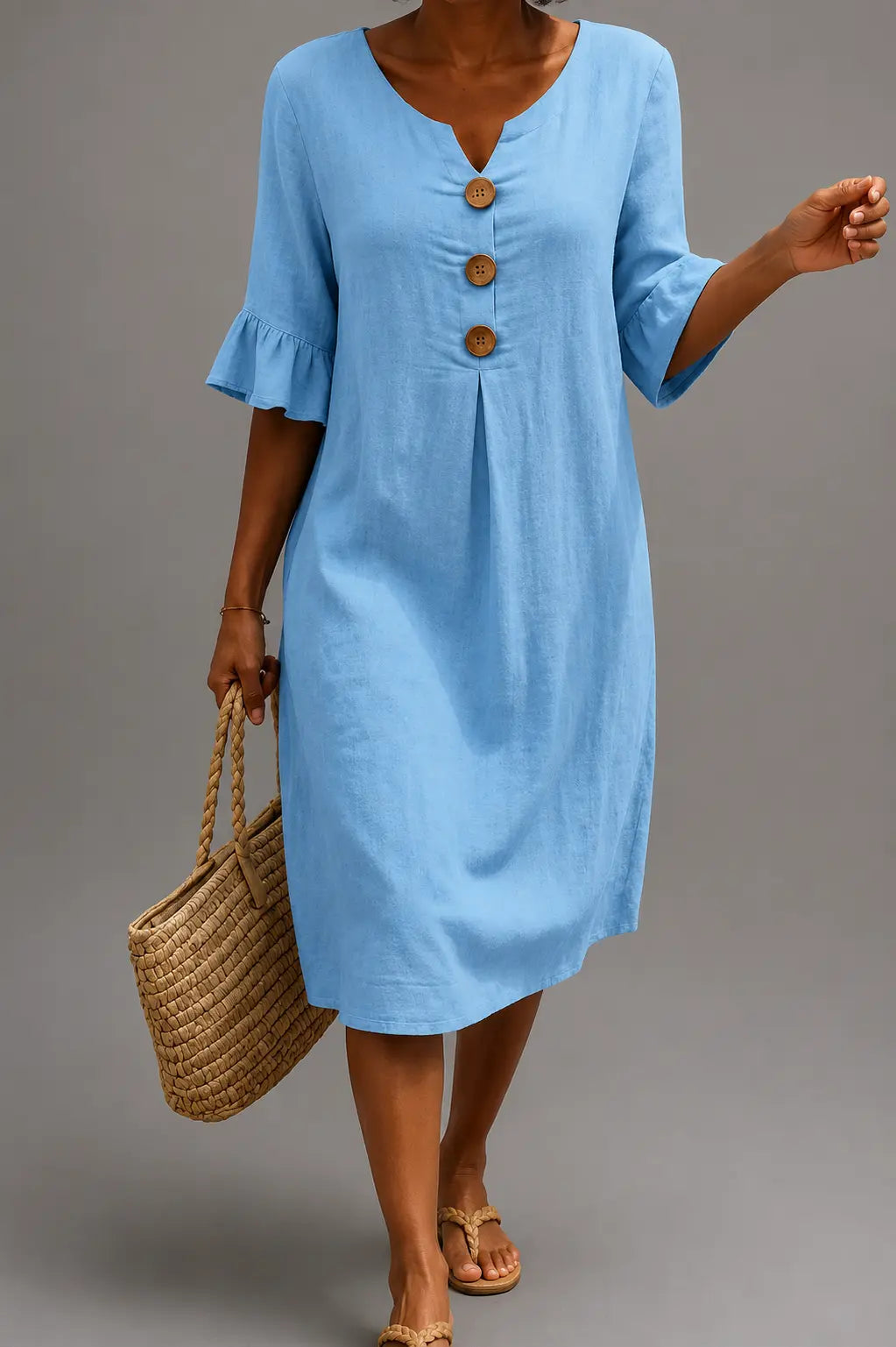 Vestido informal azul de manga globo con botones frontales y escote en V