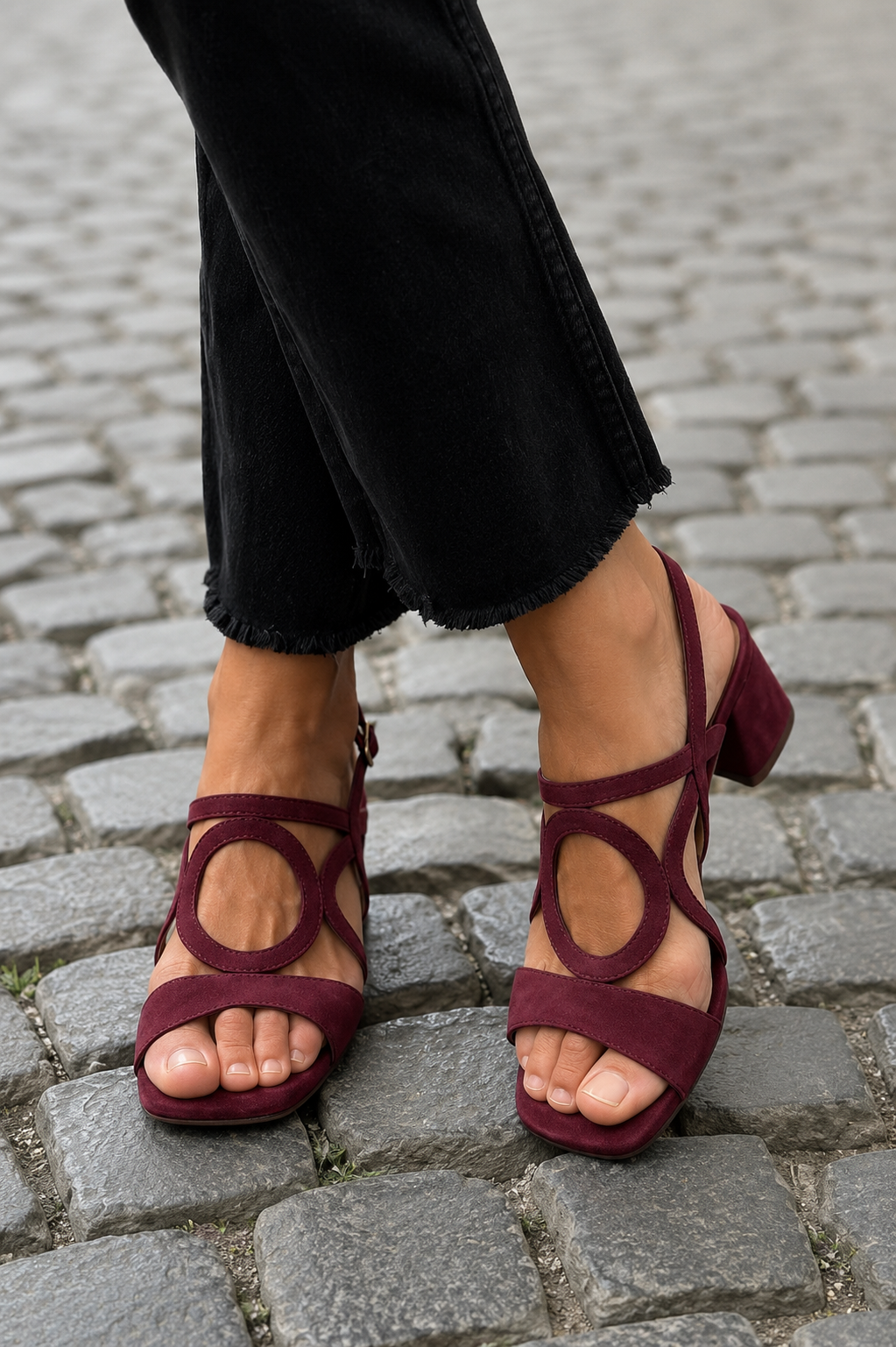 Sandalias planas burdeos con detalle circular y tira cruzada