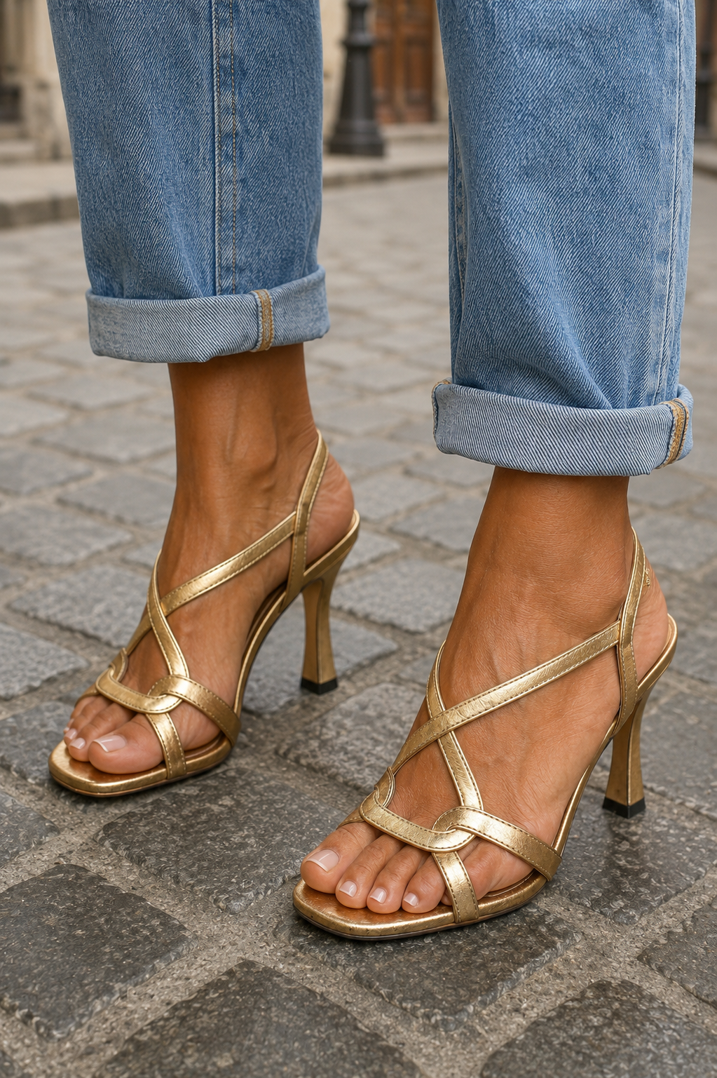 Sandalias de tacón Aurora™ doradas con tiras cruzadas y tacón alto