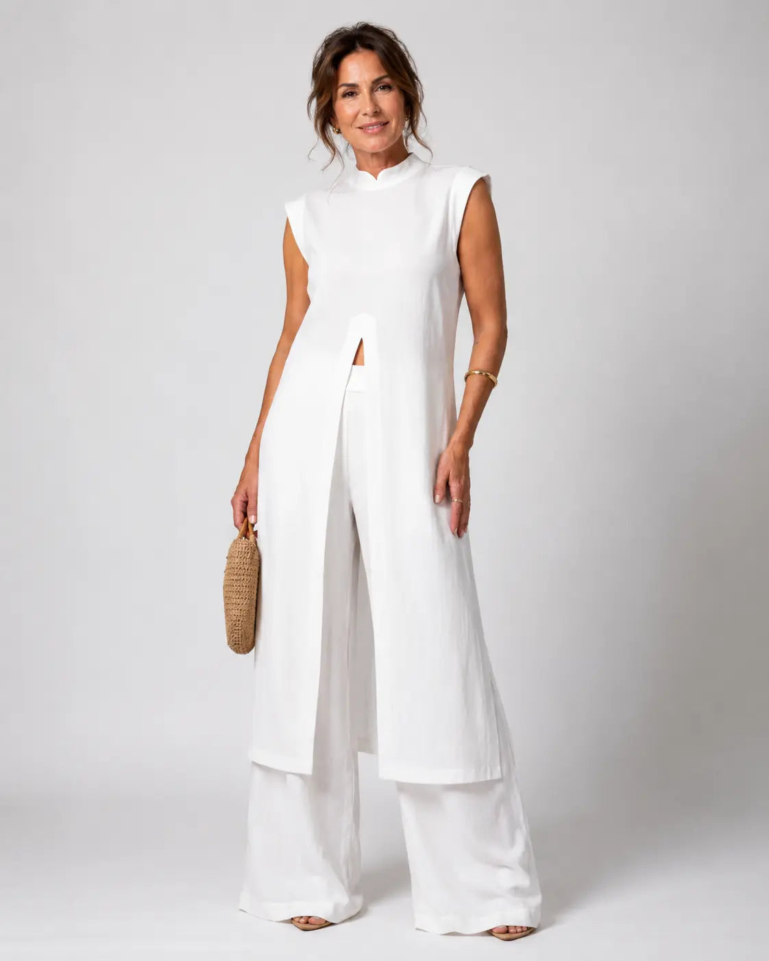 Conjunto Benigna™ blanco: túnica sin mangas con abertura y pantalón ancho