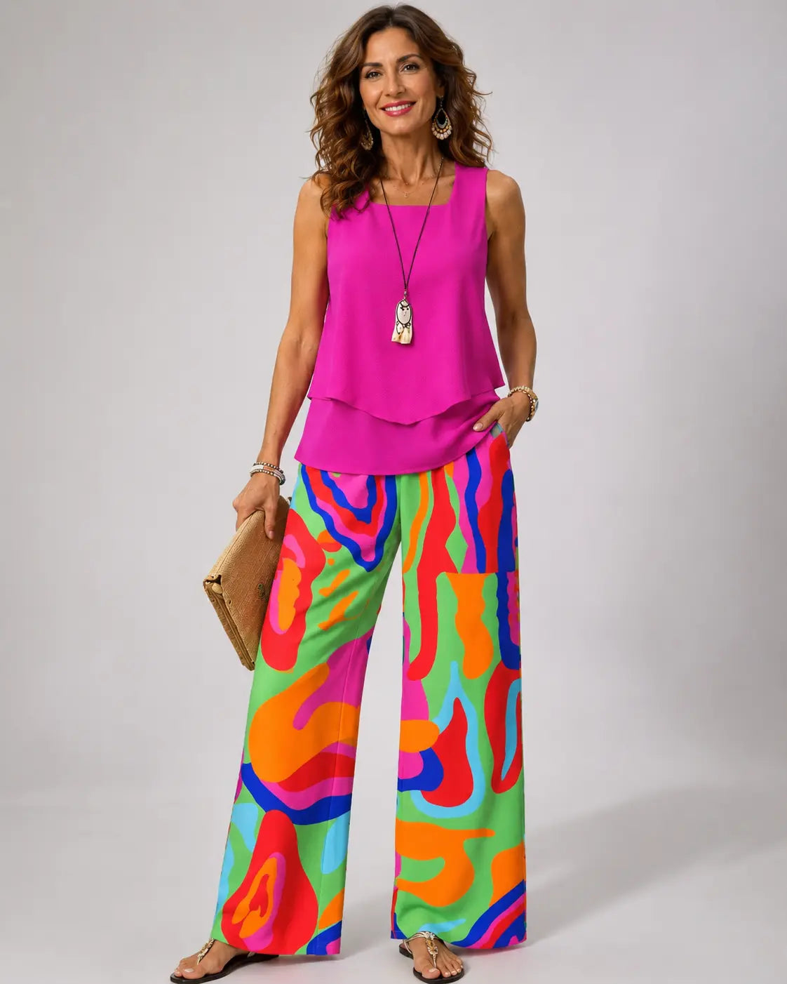 Conjunto Clotilde™: top fucsia sin mangas y pantalón ancho estampado abstracto multicolor
