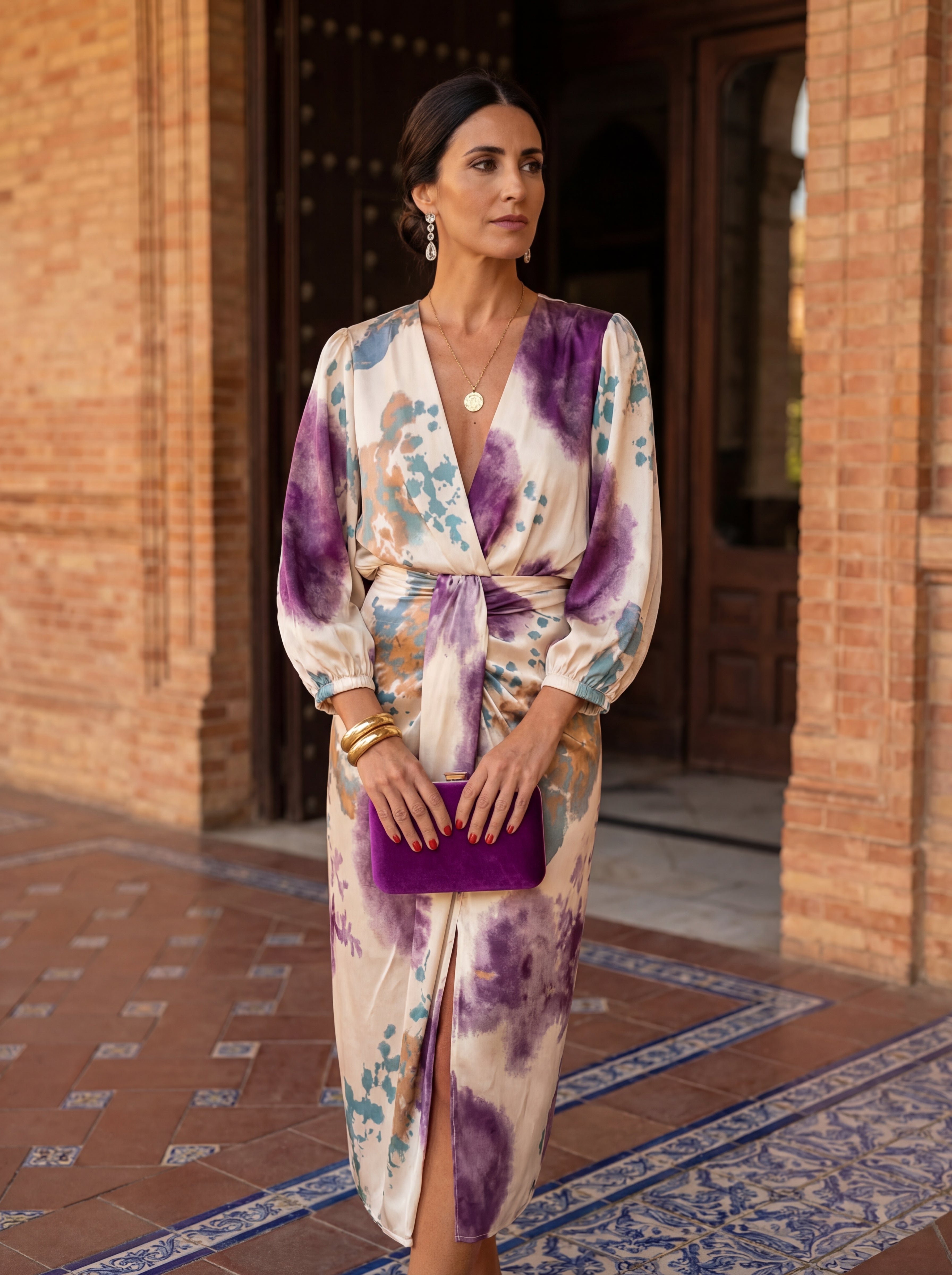 Vestido satinado cruzado multicolor con escote en V y cinturón anudado