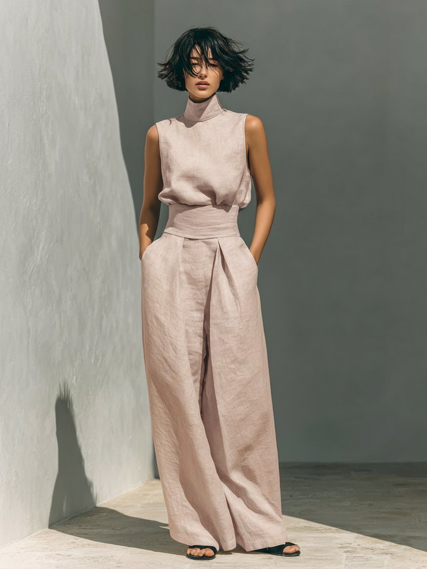 Conjunto de top sin mangas con cuello alto y pantalón ancho fruncido, rosa claro.