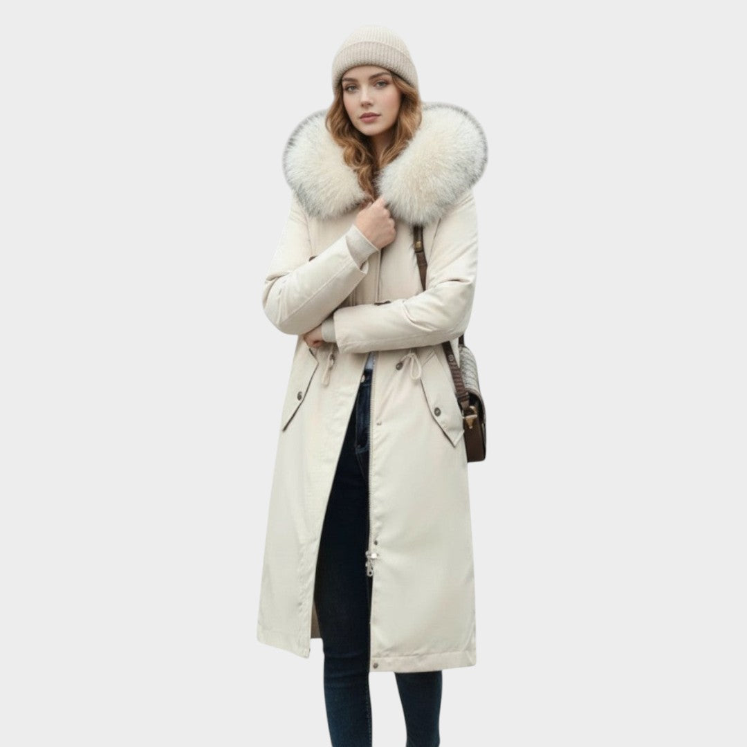 Chaqueta de otoño beige con cuello de piel y cierre frontal, diseño abrigado