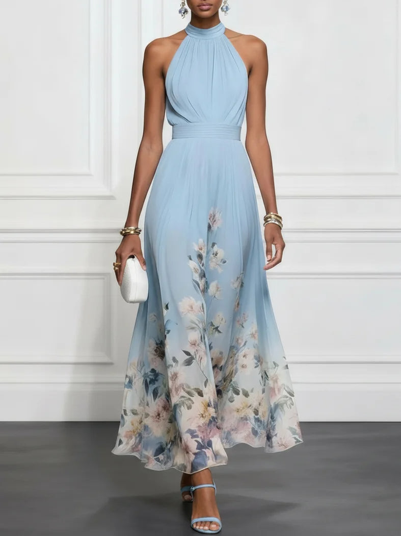 Vestido maxi sin mangas azul claro con escote alto tipo halter y flores estampadas