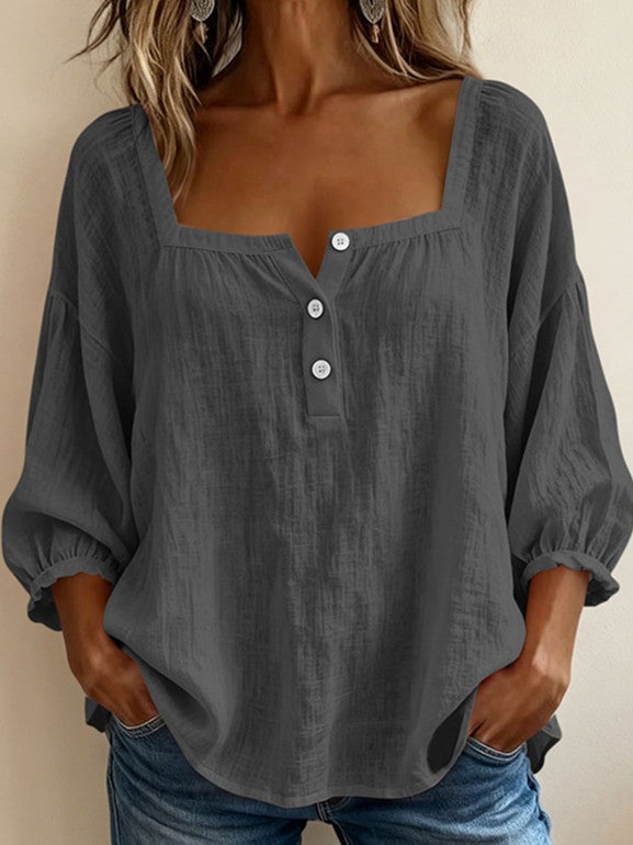 Blusa de lino gris oscuro para mujer, escote cuadrado con botones frontales, manga globo