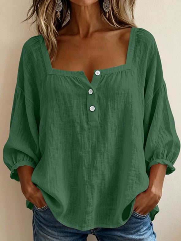 Blusa de lino verde para mujer, escote cuadrado y botones frontales, mangas globo