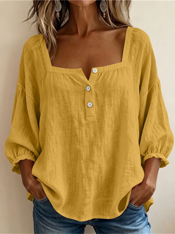 Blusa de lino para mujer color mostaza, escote cuadrado y botones al centro