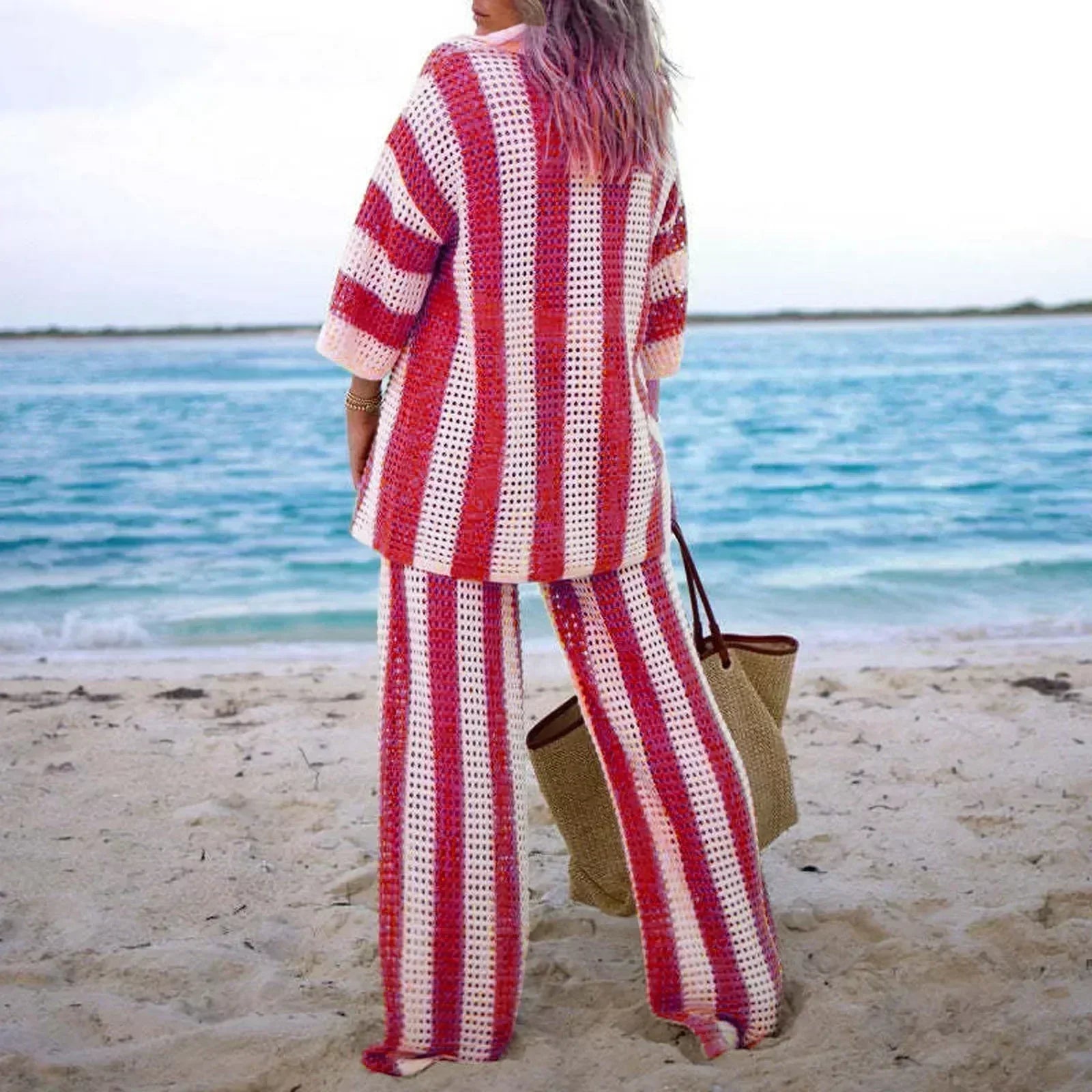 Conjunto de kimono y pantalón de crochet a rayas rosa y blanco, pantalón recto ancho