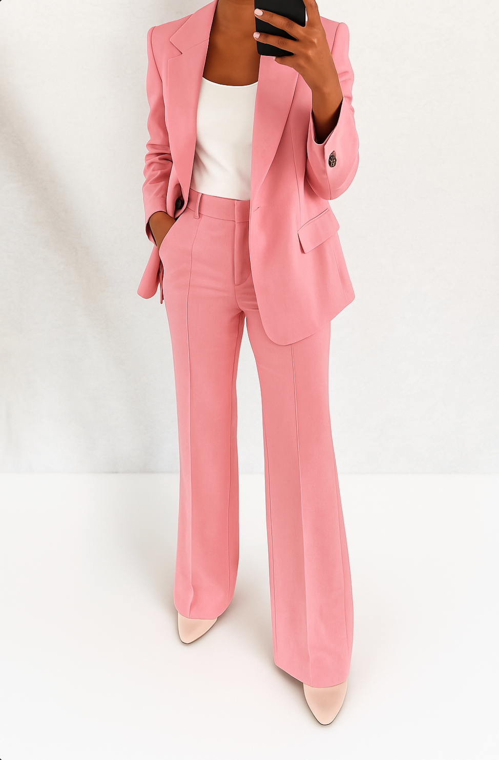 Traje sastre elegante a medida: blazer rosa y pantalón a juego con caída amplia