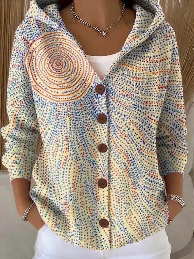 Chaleco con capucha blanco con estampado mandala multicolor, cierre con botones marrones