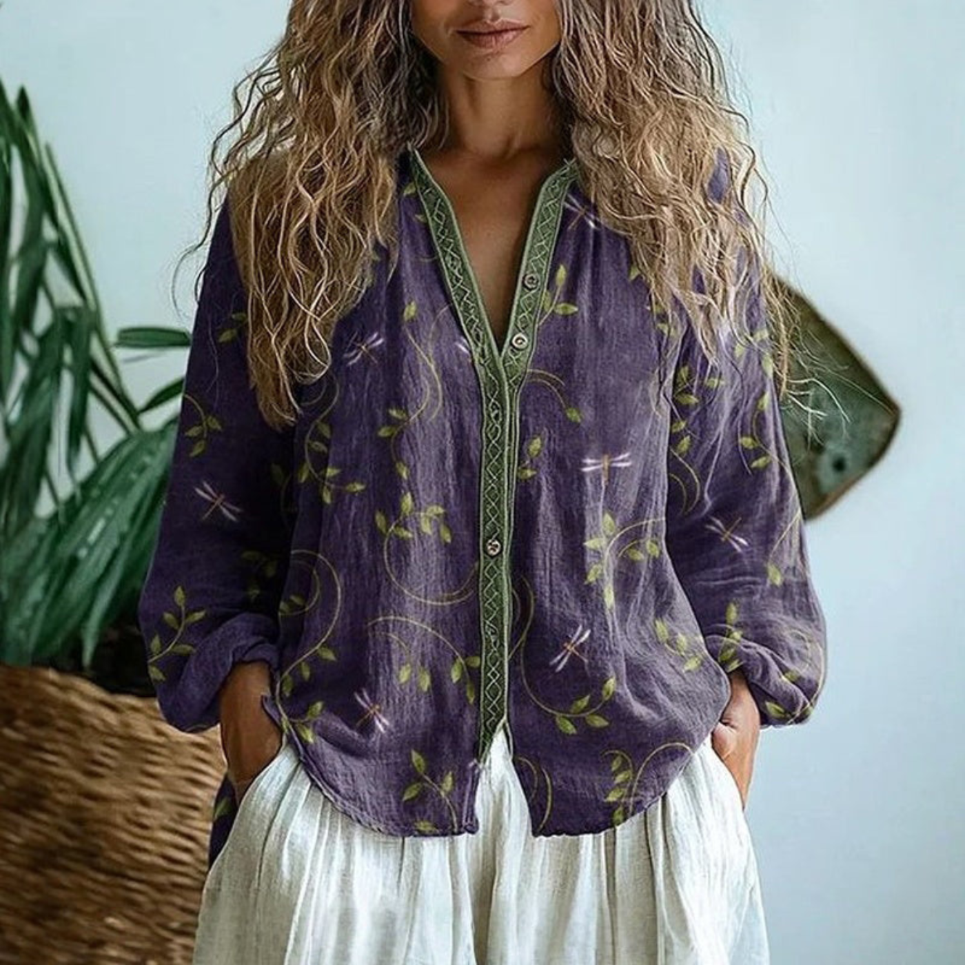 Blusa morada de manga larga con botones y bordado frontal, tela estampada