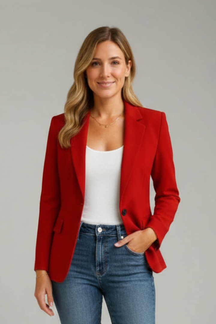 Blazer rojo para mujer con solapa muesca y botón único, con bolsillos delanteros