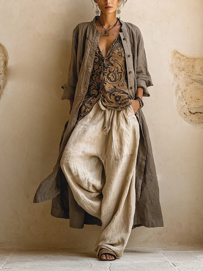 Conjunto de lino camello: camisa abierta, chaleco estampado con botones y pantalón fluido