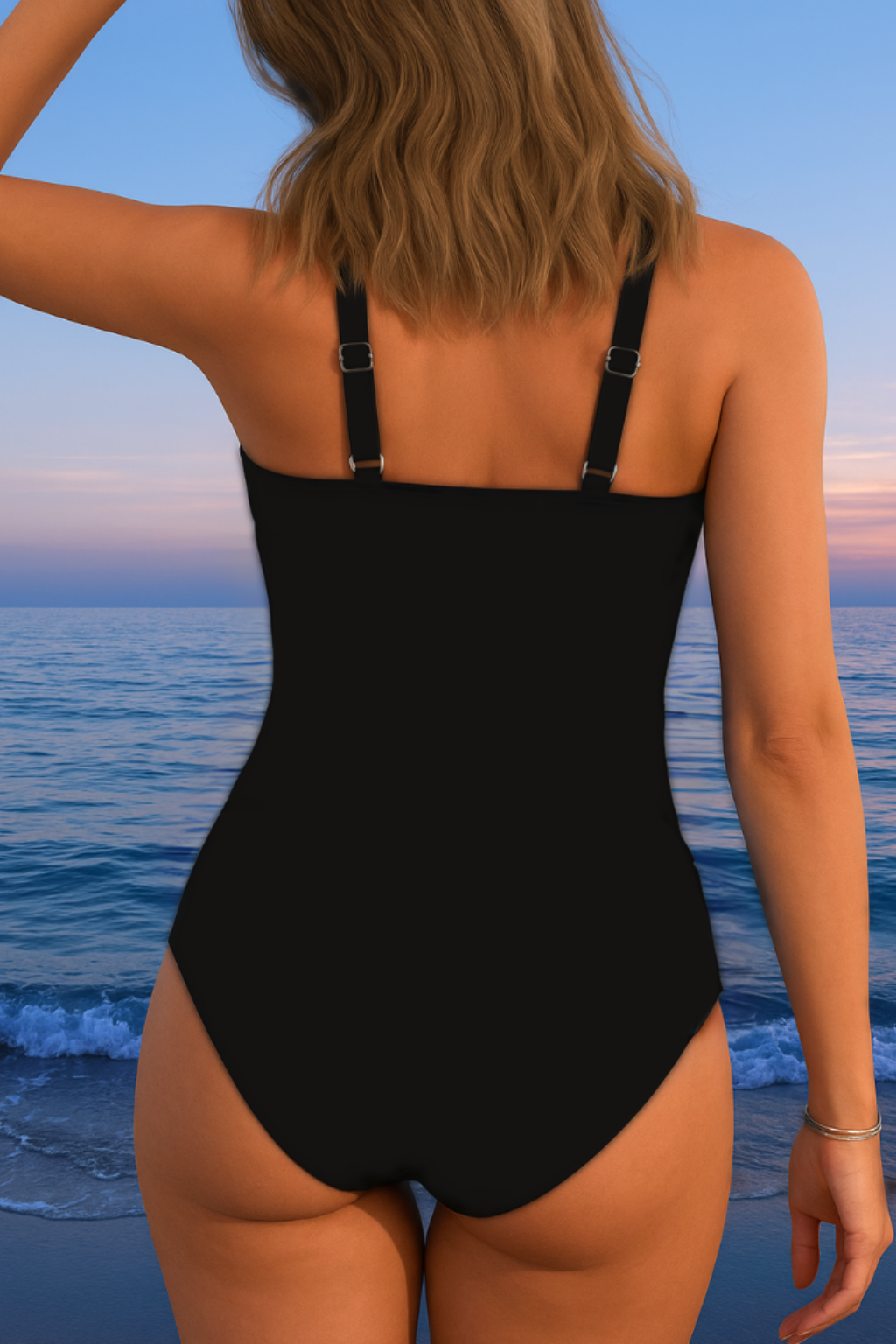 Bañador surplice negro liso, vista trasera con tirantes anchos y costuras laterales