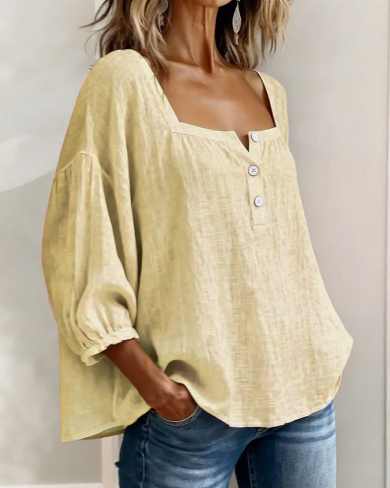 Blusa de lino para mujer color amarillo claro, botones frontales y mangas abullonadas