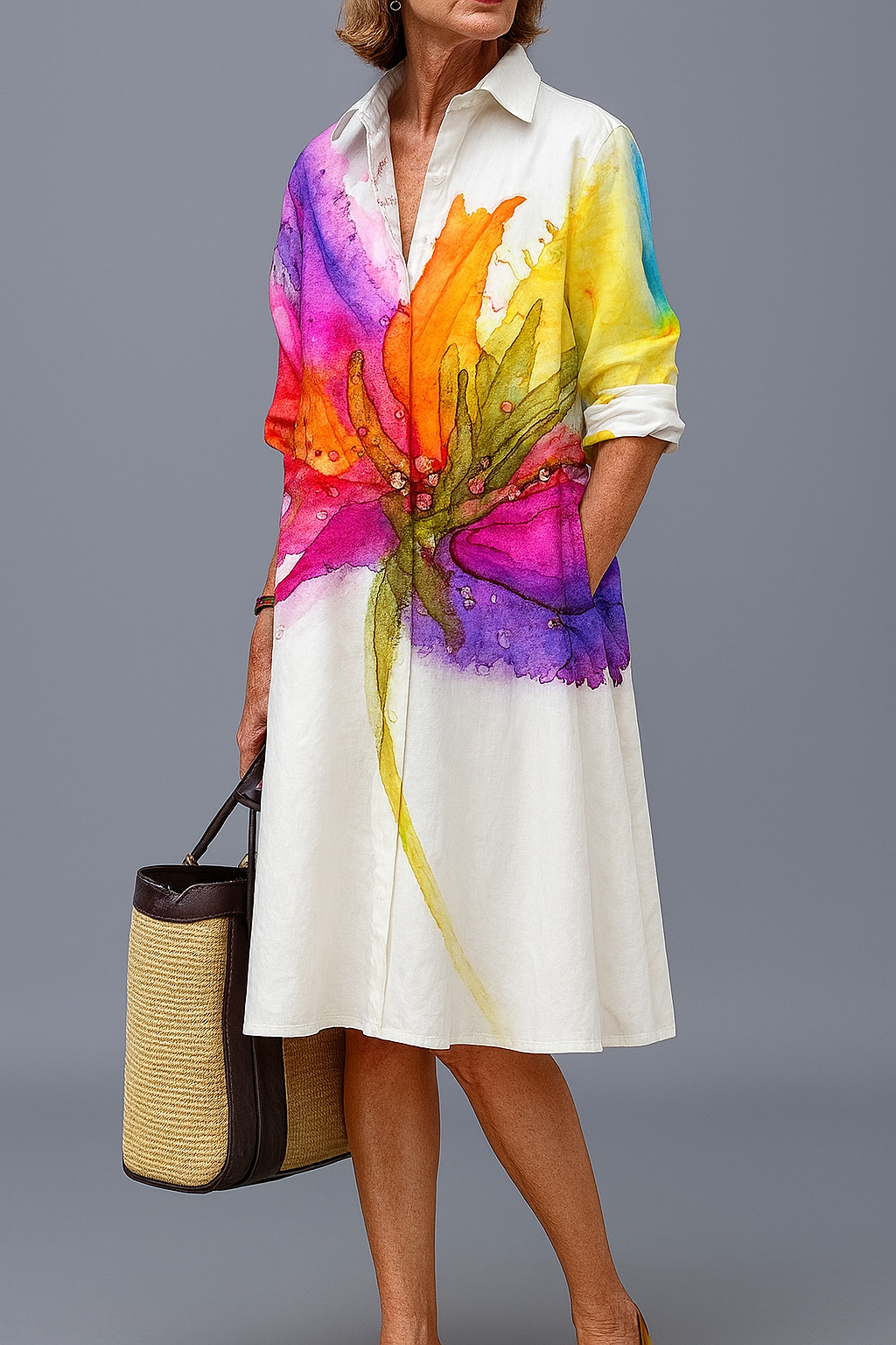 Vestido midi estampado multicolor con botones y cuello camisero, manga 3/4