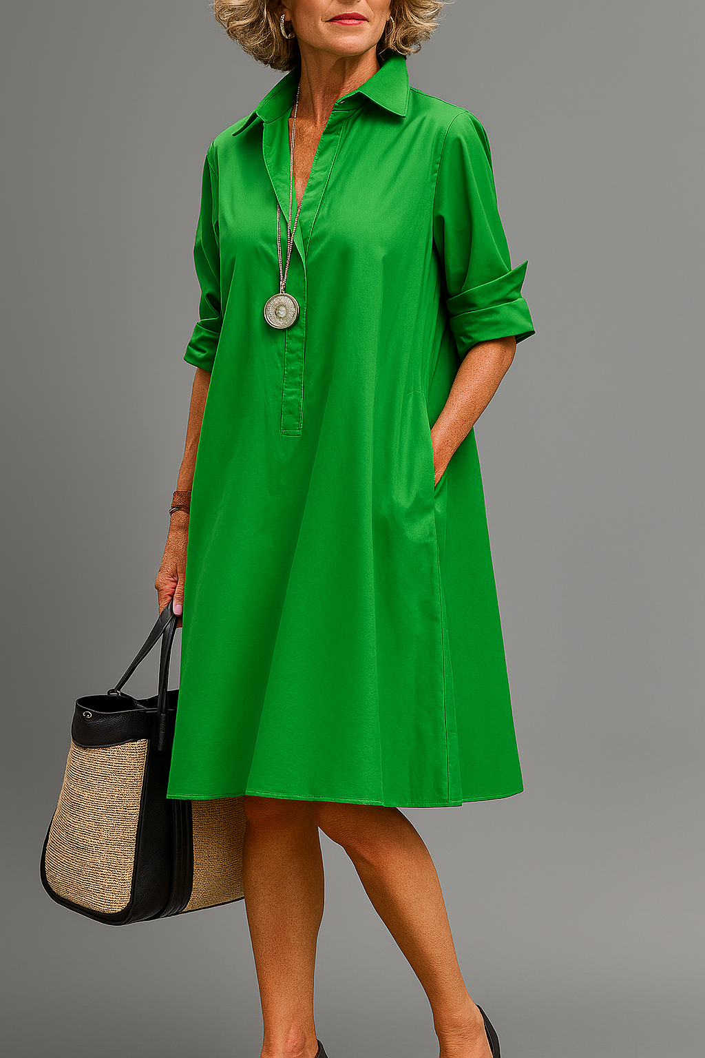Vestido midi Sabina™ verde esmeralda tipo camisa, botones frontales y mangas 3/4