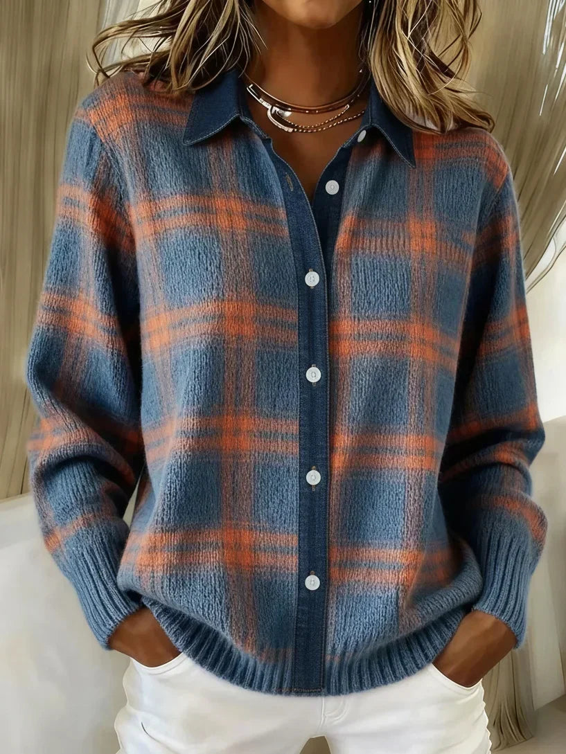 Suéter Amalia de punto con botones, cuadros azul y naranja y cuello tipo camisa