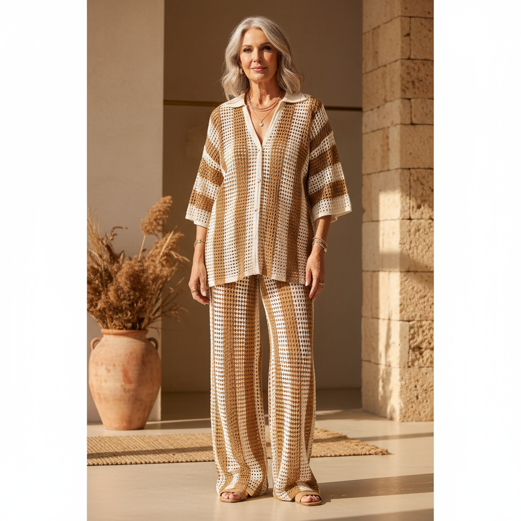 Conjunto de kimono y pantalón de crochet a rayas caramelo y blanco, corte holgado