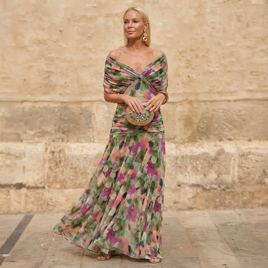 Vestido largo plisado floral multicolor con escote bardot y detalle cruzado