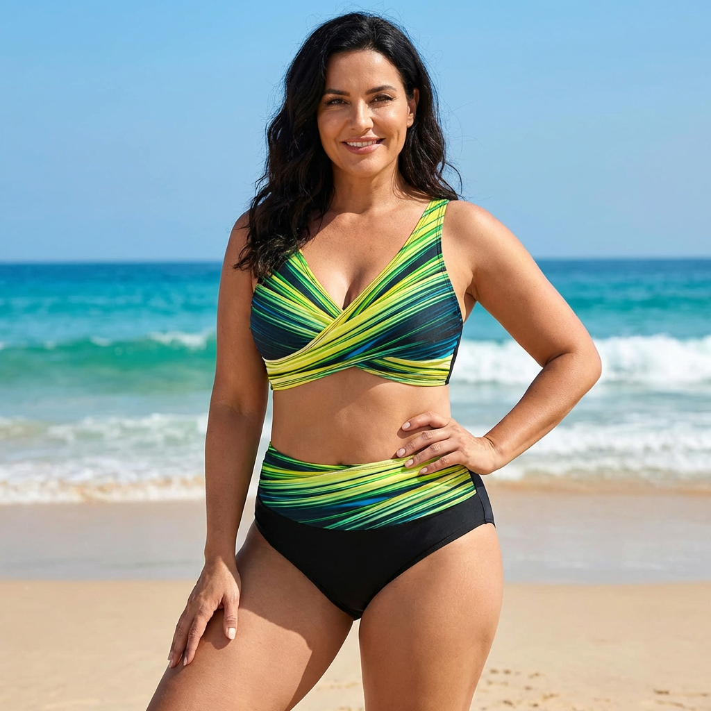 Bikini moldeador tiro alto estampado en verde y amarillo con top cruzado