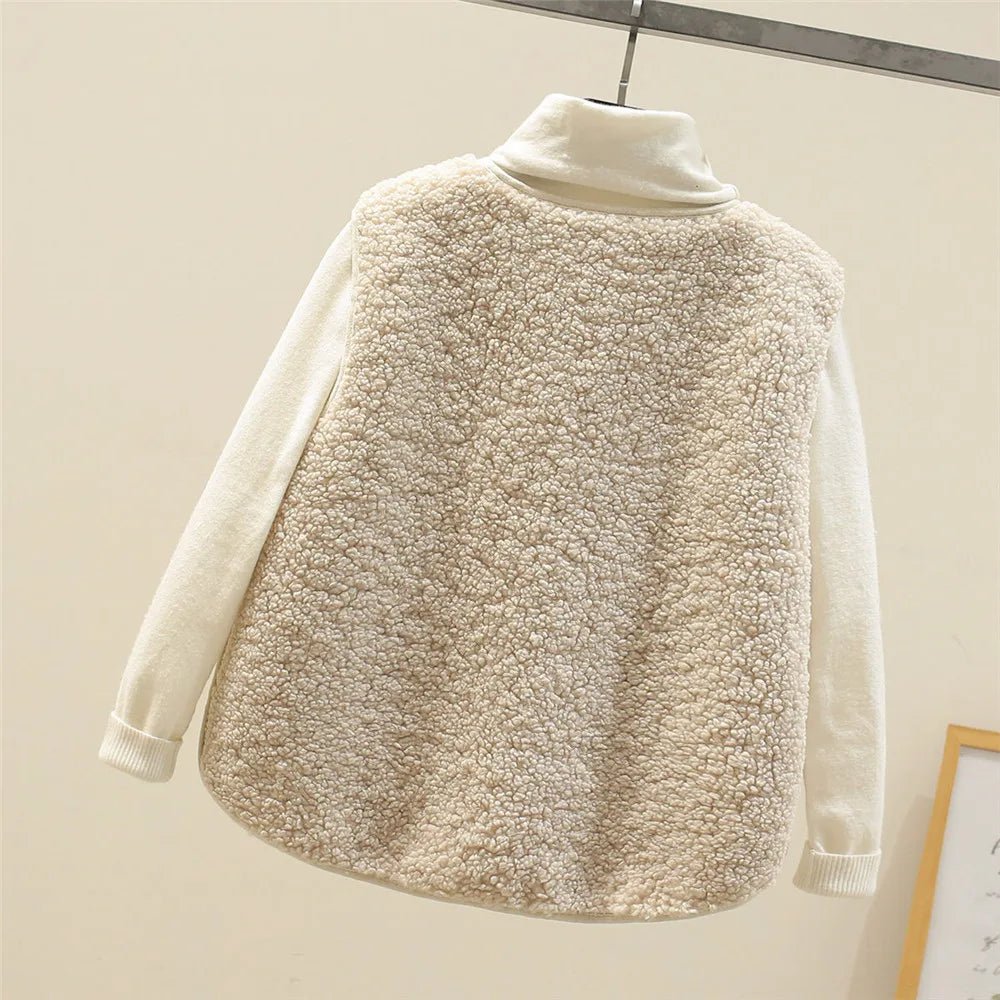 Chaleco de borreguito beige claro visto por la espalda, cuello alto