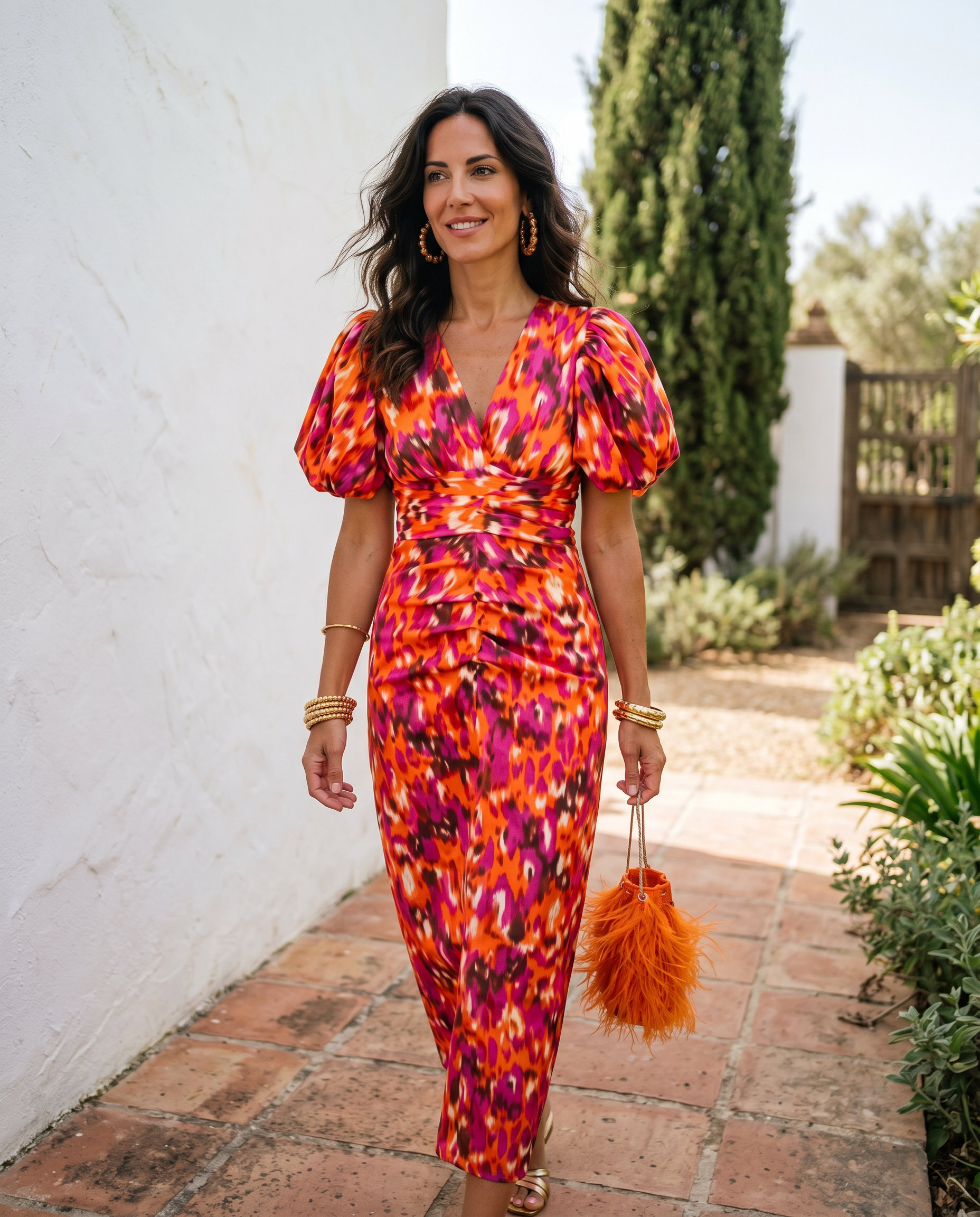 Vestido midi Carla™ con escote cruzado y mangas abullonadas, estampado naranja y morado