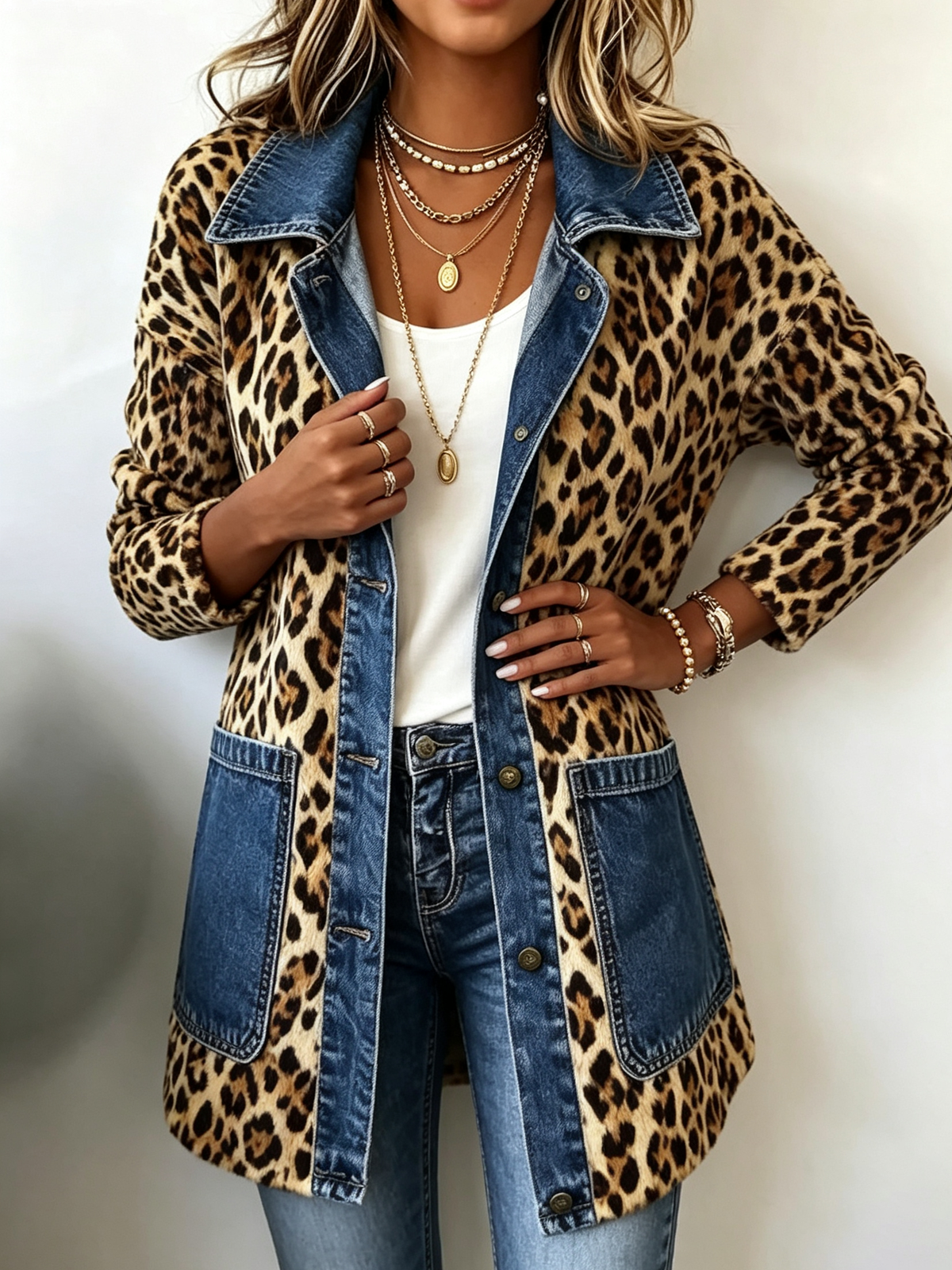 Chaqueta larga leopardo con detalles vaqueros y bolsillos delanteros