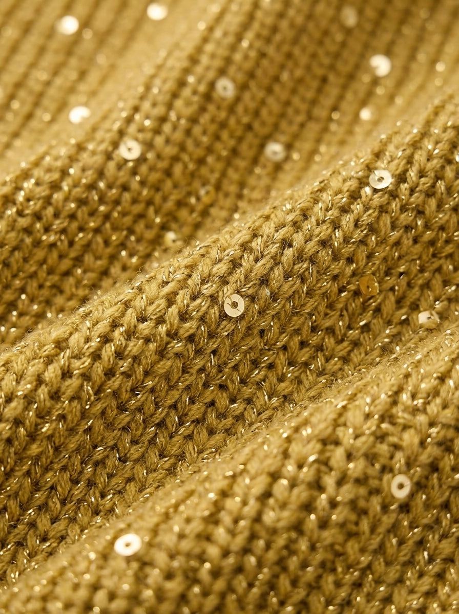 Tela de cárdigan dorado con textura tejida y lentejuelas pequeñas.