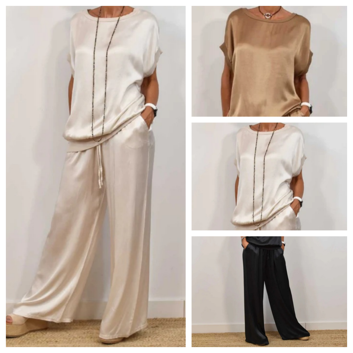 Conjunto de dos piezas en blanco, camel y negro: blusa holgada y pantalón ancho