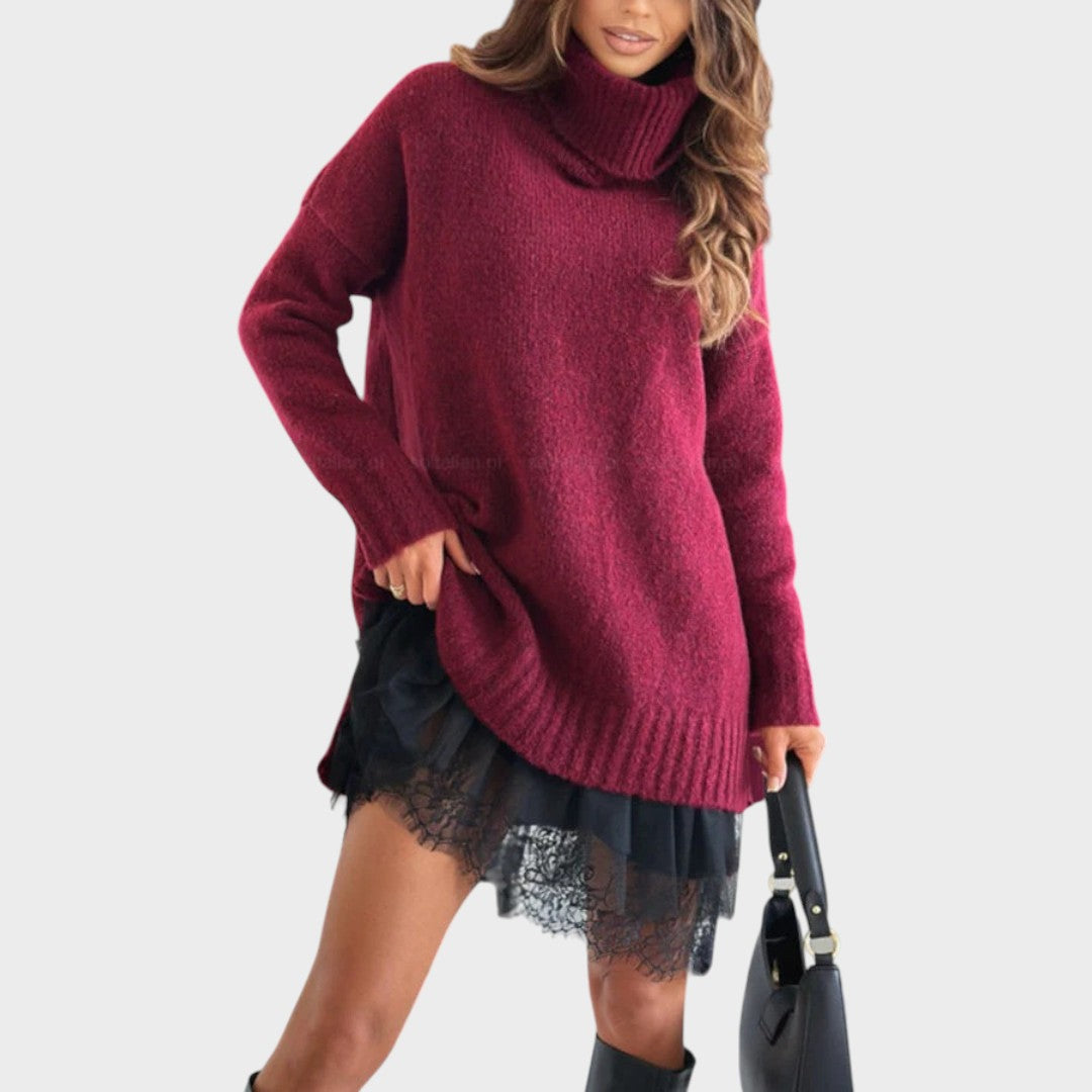 Conjunto de jersey y vestido de punto rojo vino con cuello alto y falda de tul oscuro