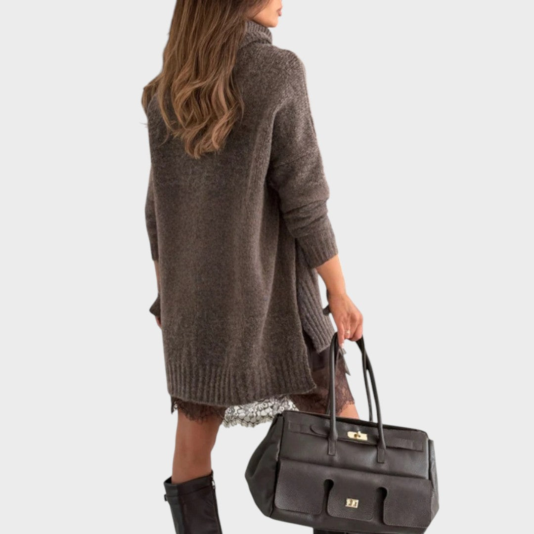 Conjunto de jersey y vestido de punto gris oscuro, cuello alto y falda de tul