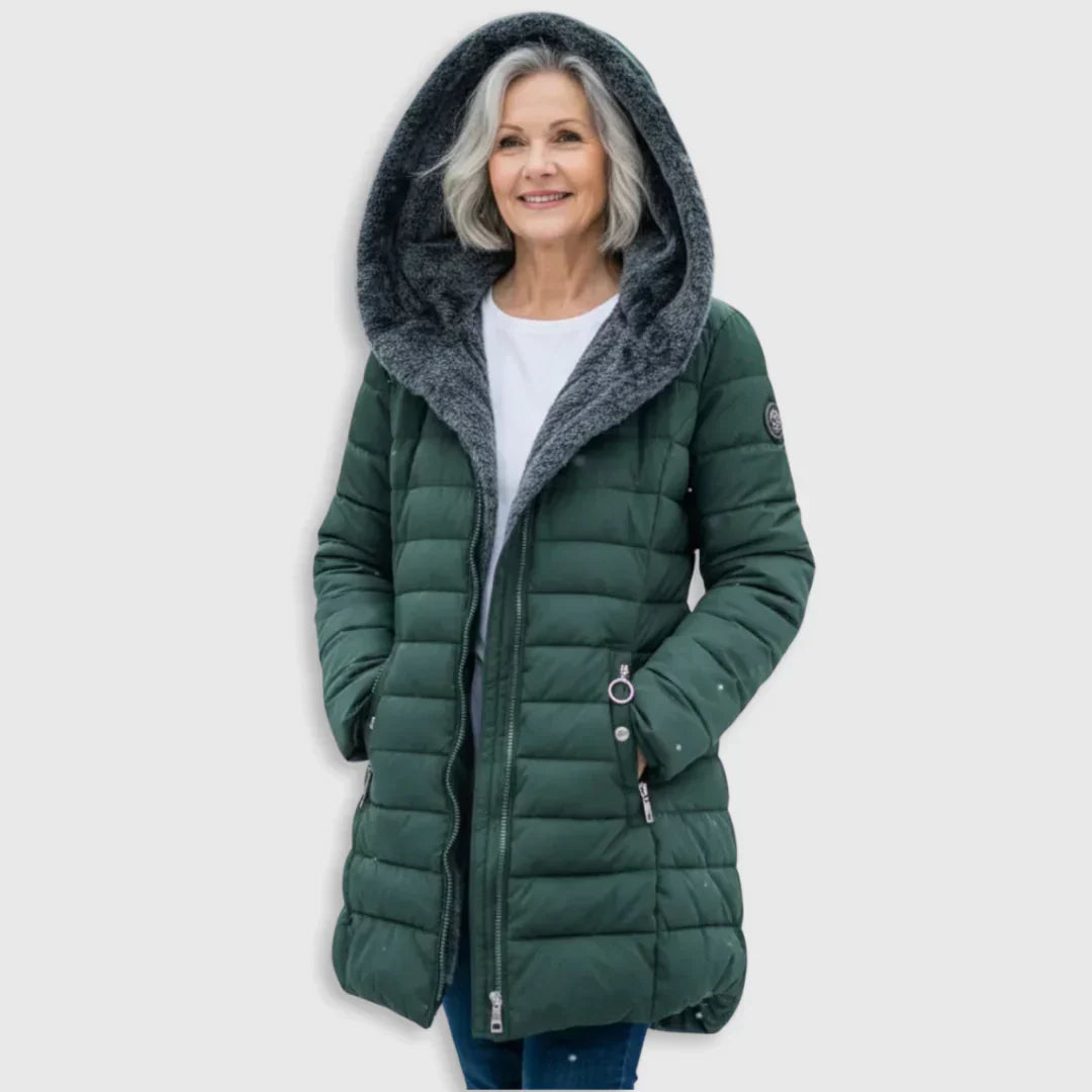 Chaqueta de invierno acolchada verde oscuro con capucha y forro gris, cierre frontal
