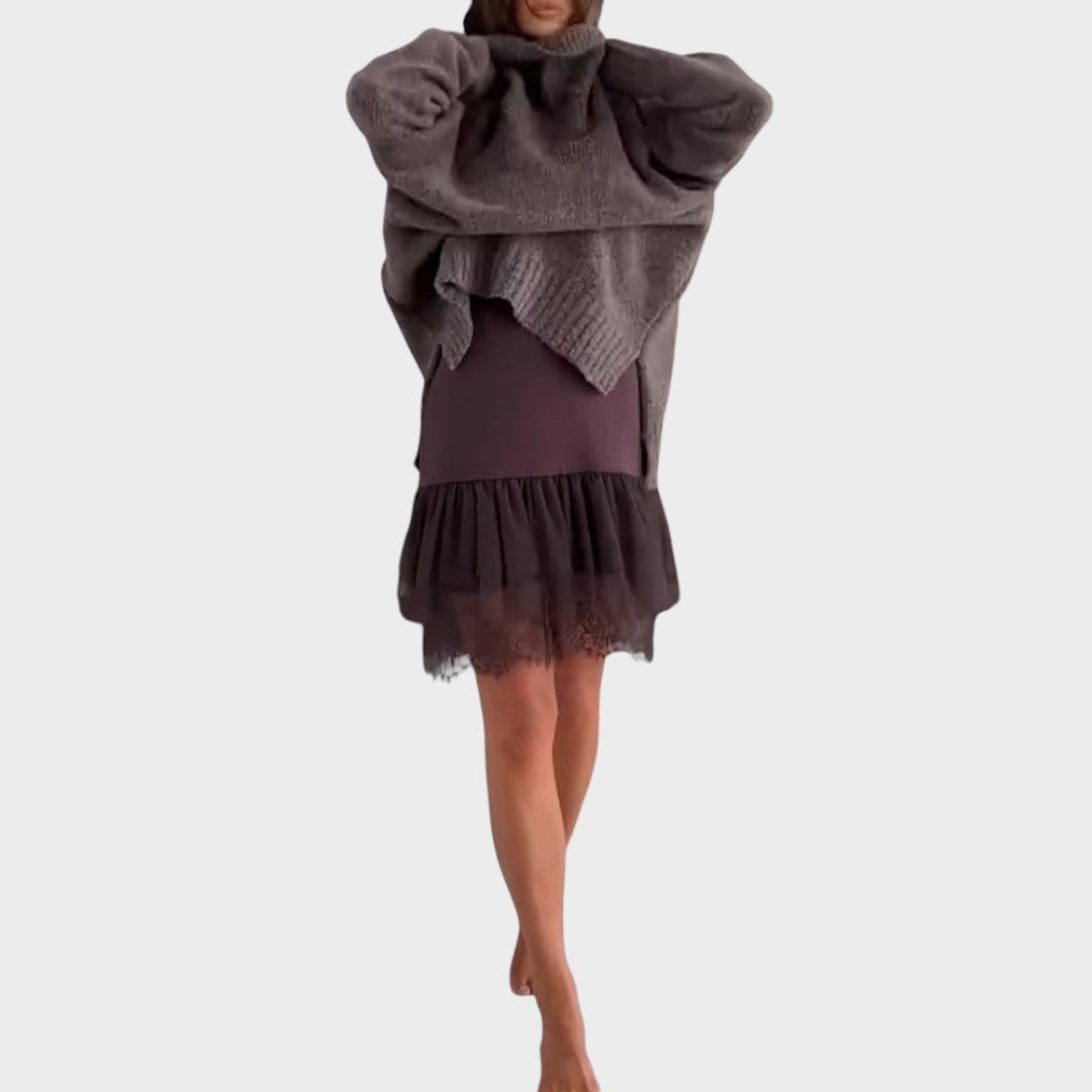 Conjunto de jersey y vestido de punto gris oscuro con cuello alto y falda burdeos