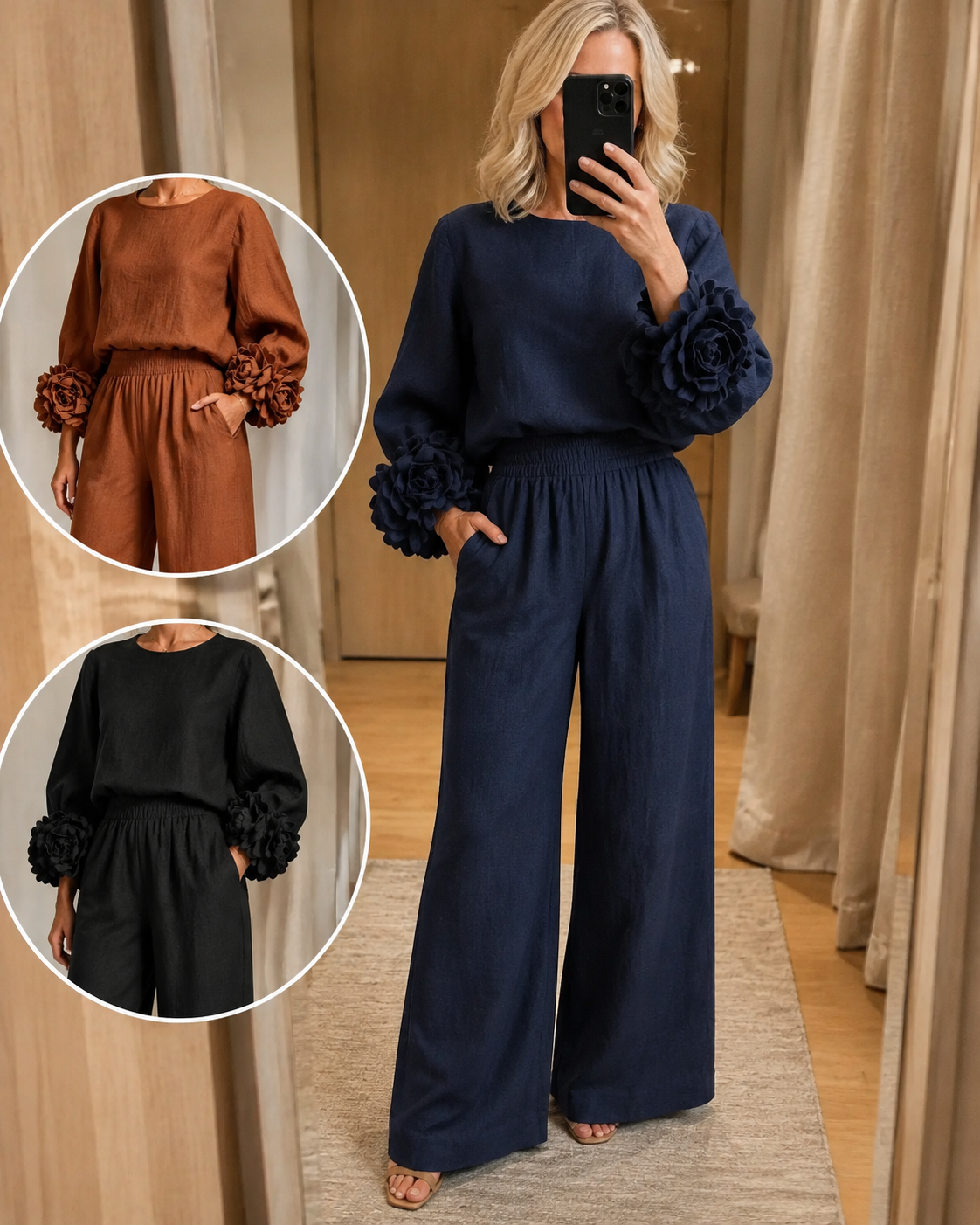 Conjunto de blusa y pantalón ancho azul marino con puños florales; detalle en marrón y negro