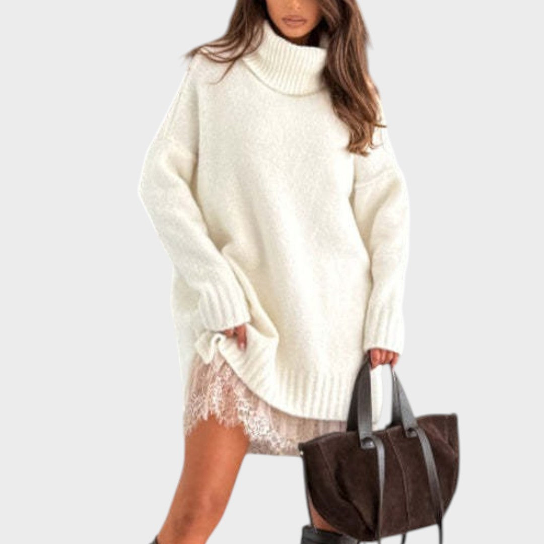 Conjunto de jersey y vestido de punto crema con cuello alto y bajo con encaje