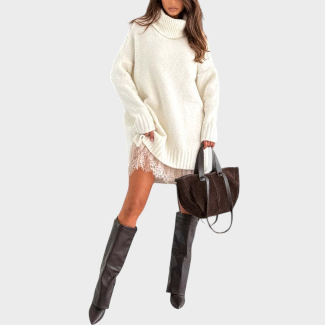 Conjunto de jersey y vestido crema con cuello alto, mangas largas y bajo de encaje