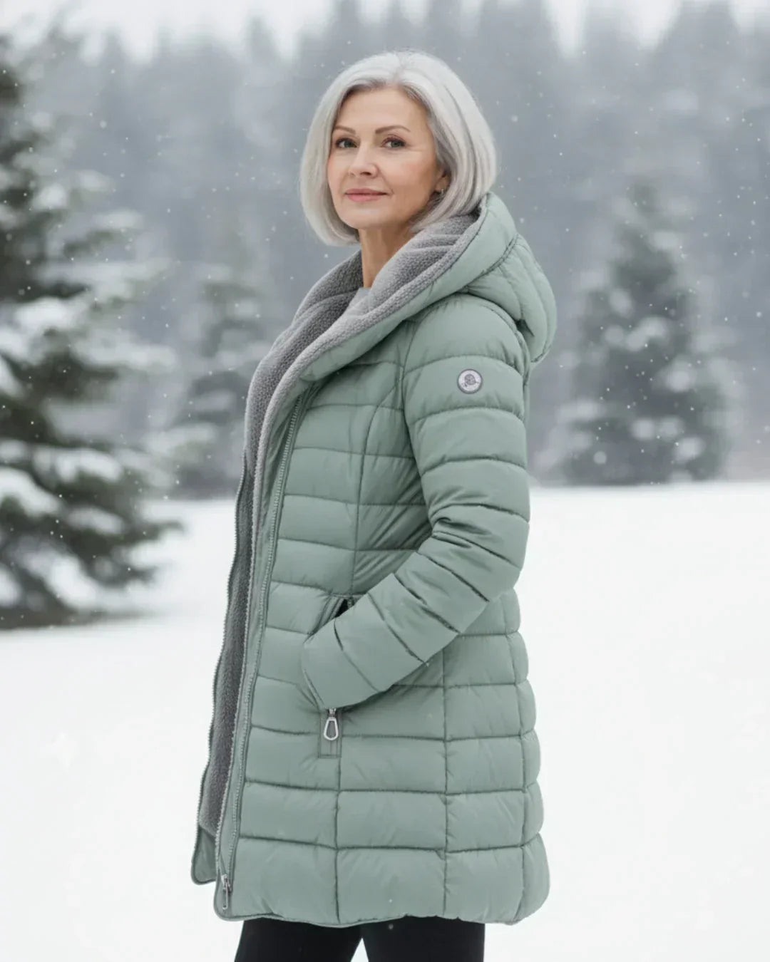 Chaqueta de invierno acolchada verde claro con capucha gris, vista lateral con cierre