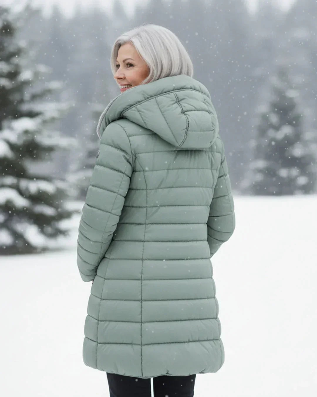 Chaqueta de invierno acolchada verde claro con capucha gris, vista trasera