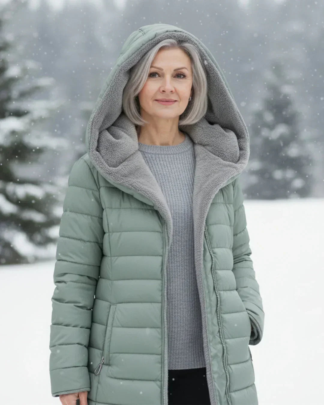 Chaqueta de invierno acolchada verde claro con capucha y forro gris, cremallera