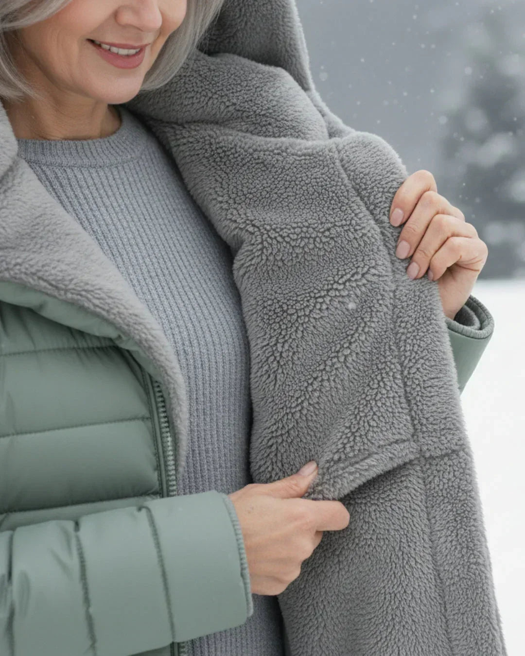 Chaqueta de invierno verde claro con forro gris tipo borrego en la capucha