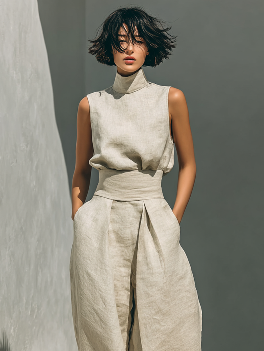 Conjunto minimalista de top sin mangas con cuello alto y pantalón ancho con cinturón, beige.