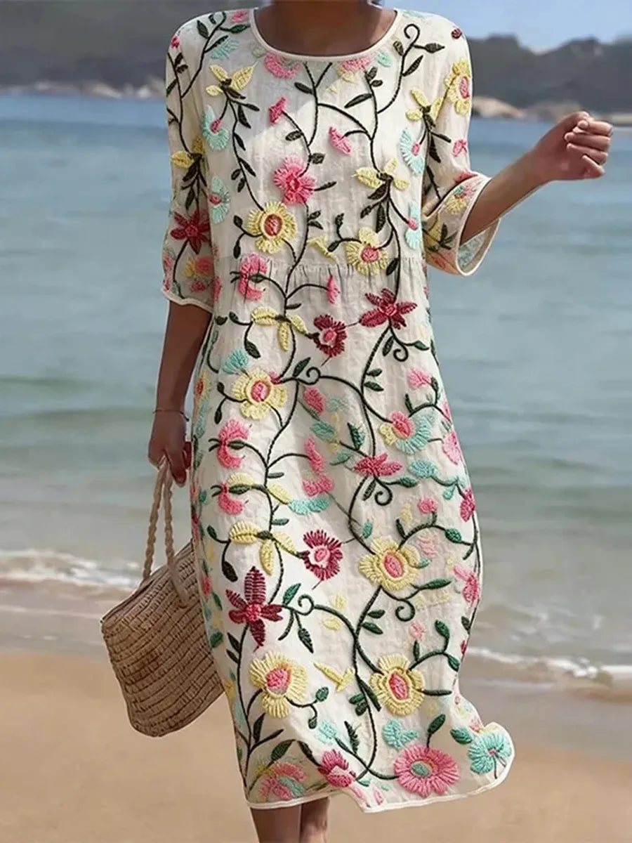 Vestido informal de mujer con estampado floral multicolor, cuello redondo y largo midi
