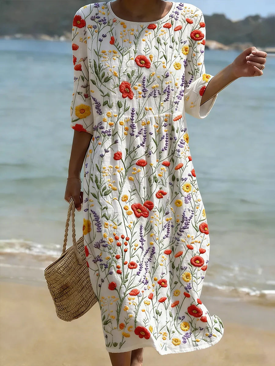 Vestido informal blanco con estampado floral, dobladillo hasta la rodilla y manga 3/4