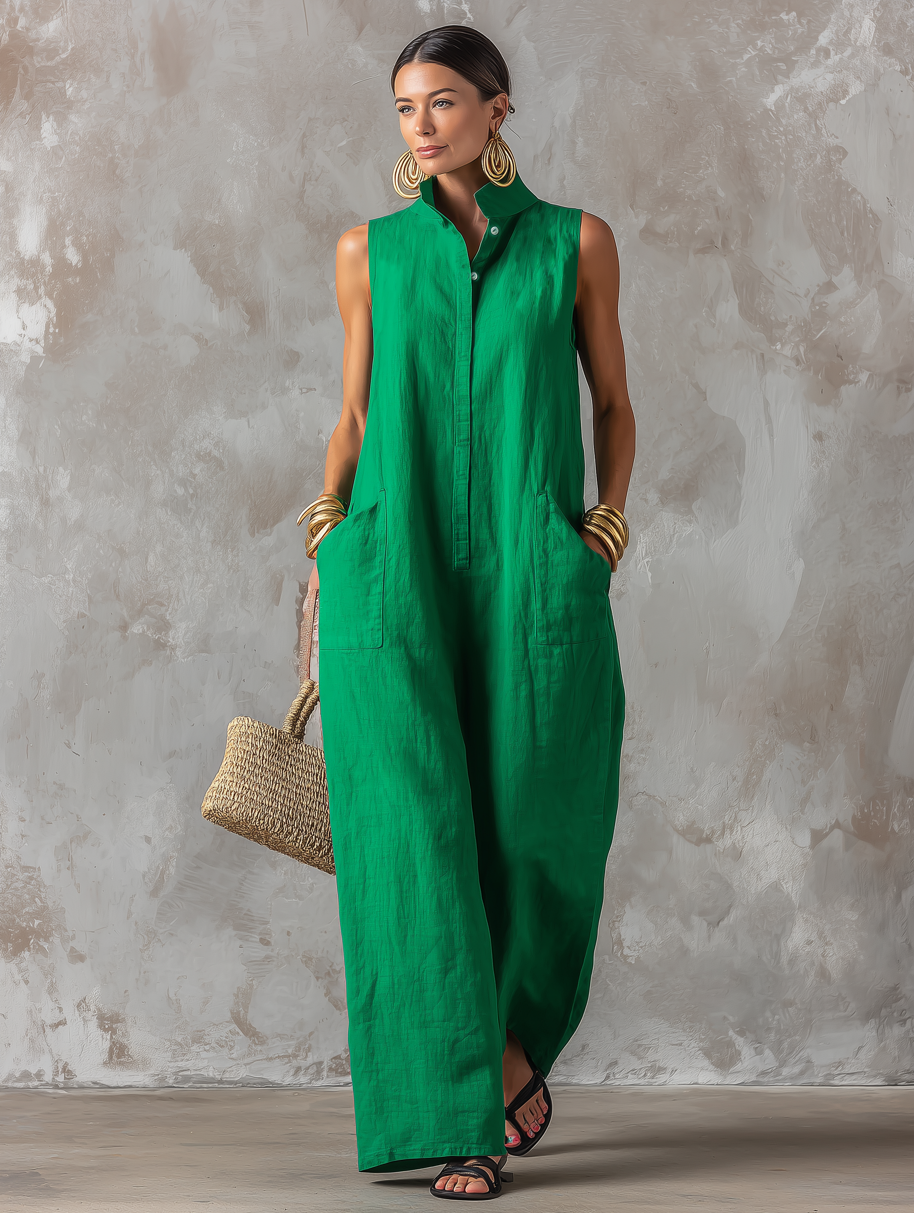 Mono sin mangas verde con botones, cuello y pierna ancha, con bolsillos