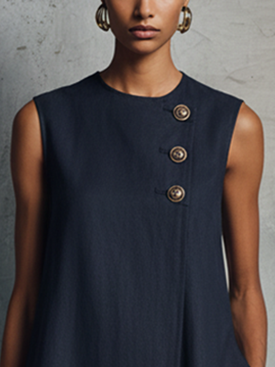Vestido Mini Azul Marino Minimalista con Botones Asimétricos
