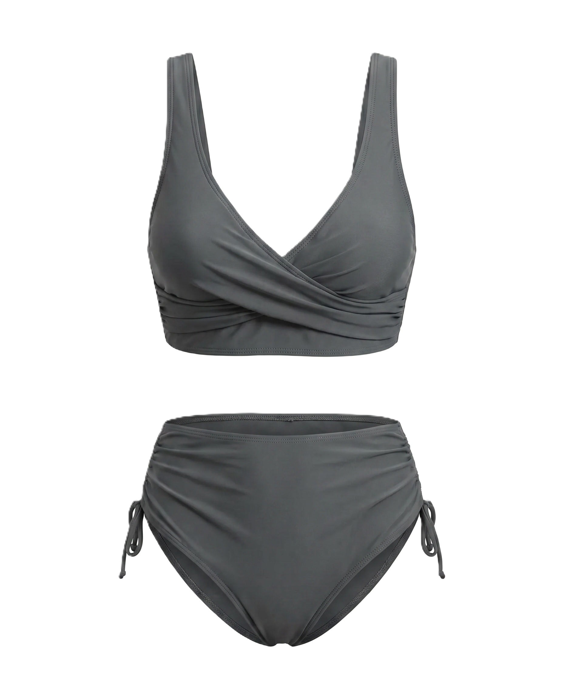Conjunto bikini gris oscuro: top cruzado con escote en V y braguita alta con lazos